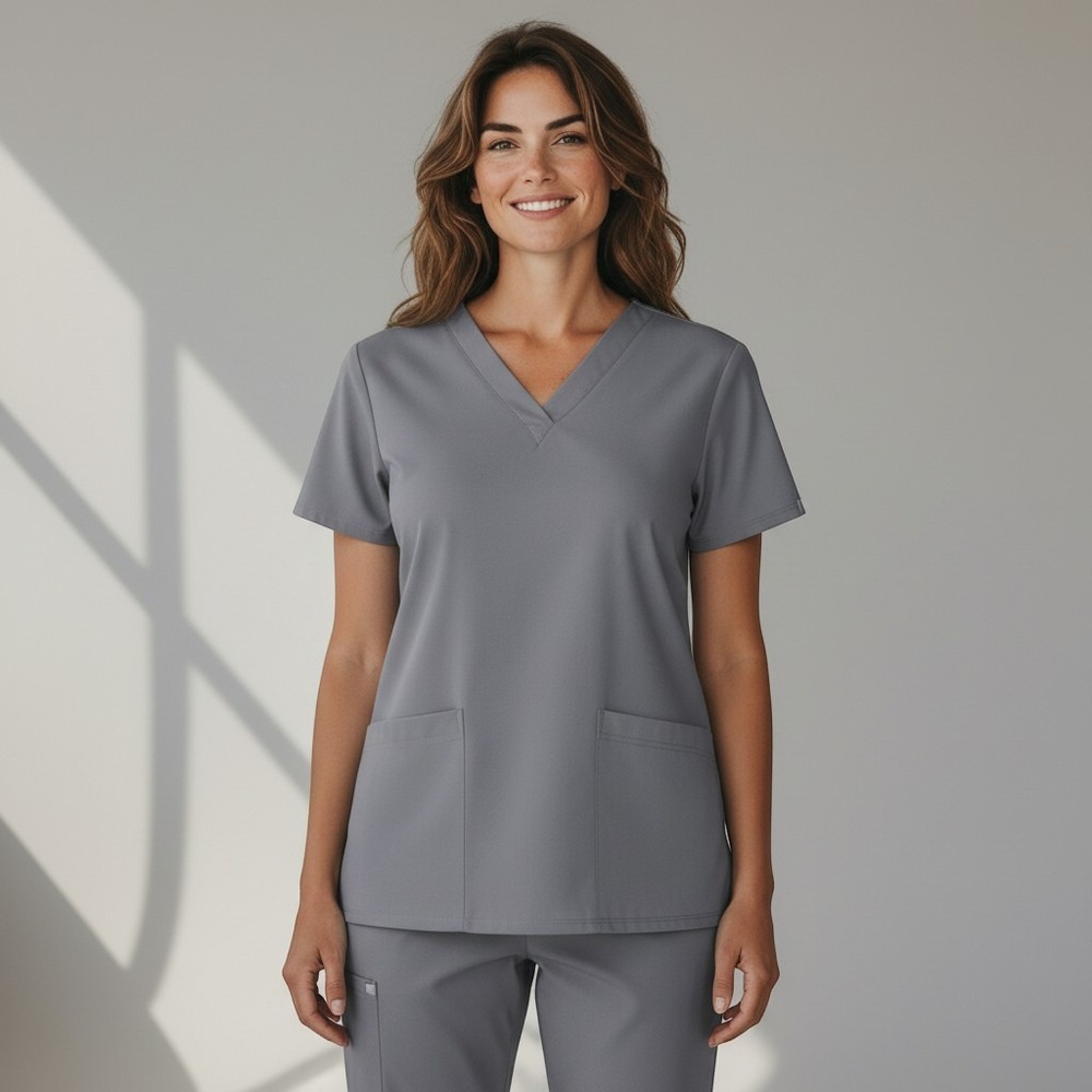 Medline Women Scrub Top Medium Gray V-Neck Short Sleeve Pockets Medical Uniform